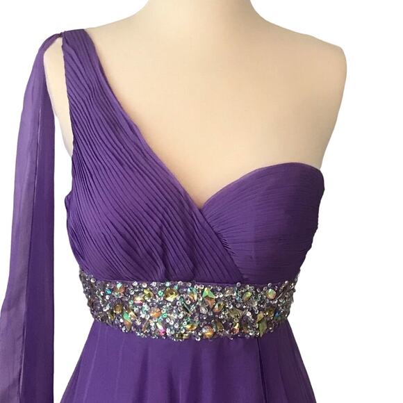 TEMPTATION Purple Lilac Gown Chiffon One Shoulder Embellished Rhinestone Dress 2 - Picture 4 of 7